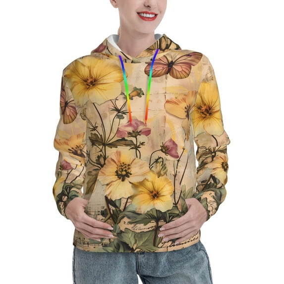 Fotbe Vintage Floral Butterfly Collage Pattern Womens Long Sleeve Hoodie, Pullover Hooded Sweatshirt, Kangaroo Pocket Hoodie with Eye-catching Drawstrings-Large