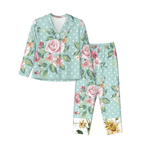 Fotbe Vintage Floral Pattern Long Sleeve Pajama Set for Women,Sleepwear Set,2-piece Loungewear Set,Soft PJs Comfy Nightwear with Pockets -Medium