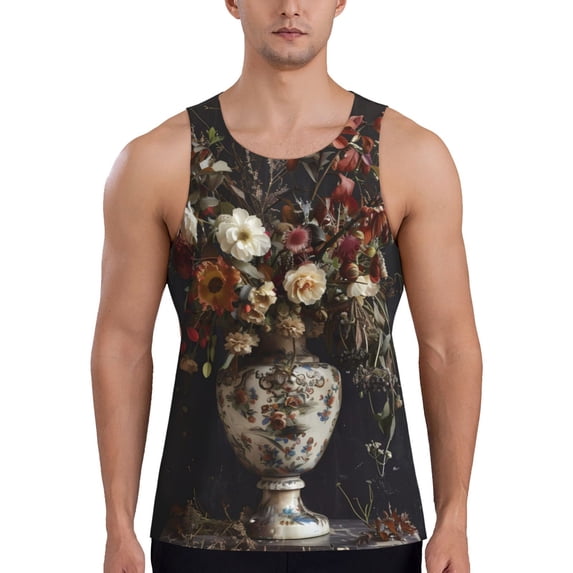 Fotbe Vintage Floral Vase A Pattern Men's Quick Dry Workout Tank Top Gym Muscle Tee Fitness Bodybuilding Sleeveless T Shirt Breathable Workout Shirt-XX-Large