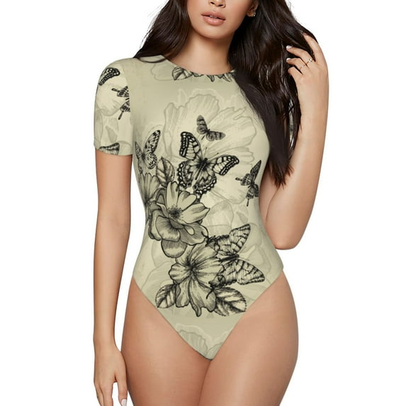 Fotbe Vintage Floral Women's Crew Neck Short Sleeves Bodysuit Tops Round Neck Slim Sleeveless Soft Comfortable Basic-Small