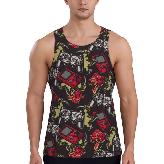 Fotbe Vintage Gaming Pattern Men's Quick Dry Workout Tank Top Gym Muscle Tee Fitness Bodybuilding Sleeveless T Shirt Breathable Workout Shirt-