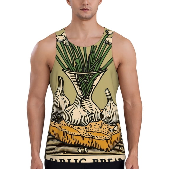Fotbe Vintage Garlic Bread Illustration Pattern Men's Quick Dry Workout Tank Top Gym Muscle Tee Fitness Bodybuilding Sleeveless T Shirt Breathable Workout Shirt-3X-Large