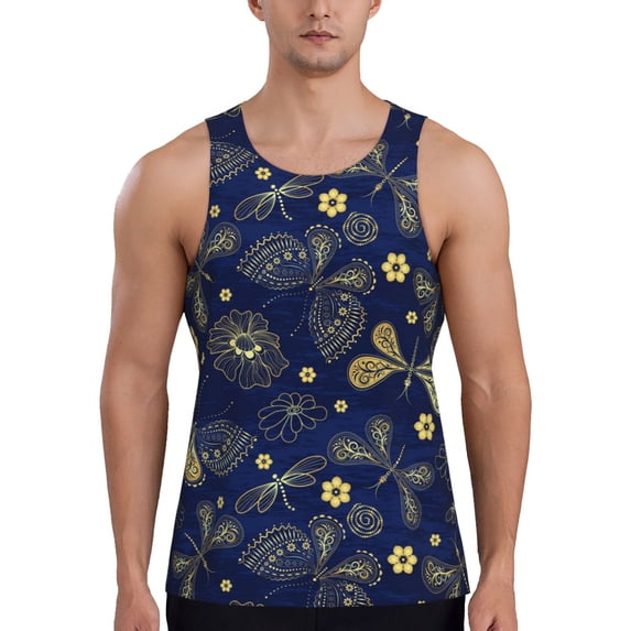 Fotbe Vintage Golden Butterfly Pattern Men's Quick Dry Workout Tank Top Gym Muscle Tee Fitness Bodybuilding Sleeveless T Shirt Breathable Workout Shirt-Medium