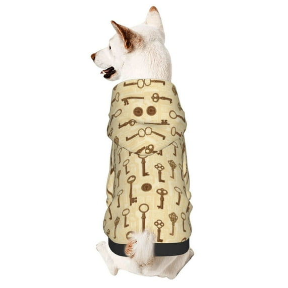 Fotbe Vintage Keys Print Small Dog Sweater Hoodies Pet Grey Hooded Soft Fleece Sweatshirts with Pocket Fall Winter Puppy Cat Sweaters Warm Clothes-X-Small