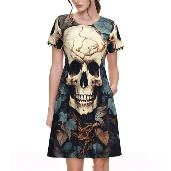 Fotbe Vintage Leaf Flower Skull Pattern Dress Casual Womens Fashion Short Sleeve Maxi Dress T Shirt Dress Striped Long Color Block Maxi Dress