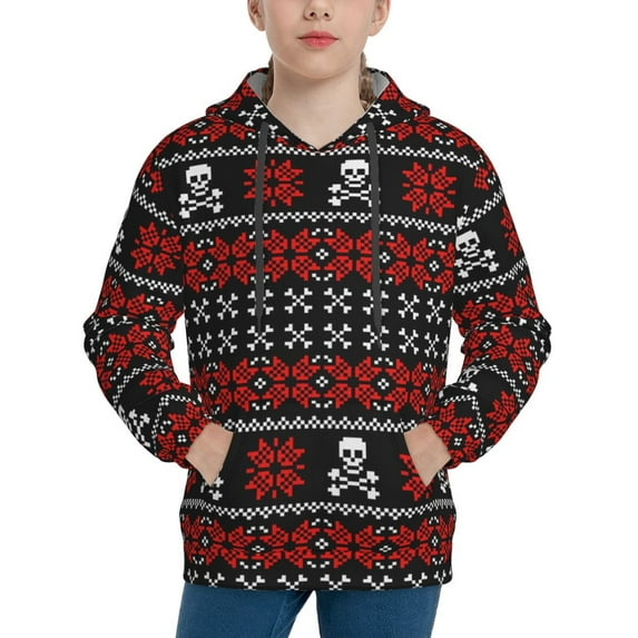 Fotbe Vintage Maple Leaf with Skull Pattern Pattern Youth Pullover Hooded Sweatshirt, Boys Hoodie, Kangaroo Pocket Hoodie for Kids Girls -Large