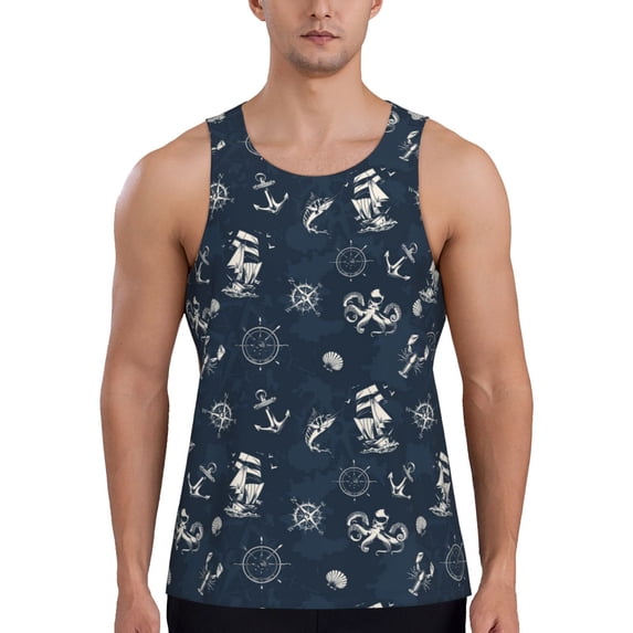 Fotbe Vintage Marine Pattern Men's Quick Dry Workout Tank Top Gym Muscle Tee Fitness Bodybuilding Sleeveless T Shirt Breathable Workout Shirt-Large