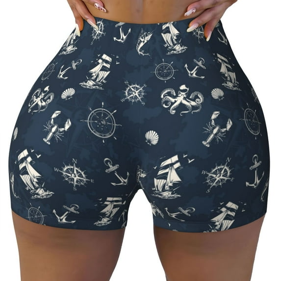 Fotbe Vintage Marine Seamless Shorts, Womens Workout Shorts High Waist Stretch Booty Short for Gym/Yoga/Running/Biking-X-Large
