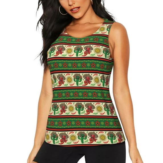 Fotbe Vintage Mexican Womens Loose Fit Casual Flowy Slim-Fit Tank Tops Athletic Round Neck Trendy Sleeveless Summer Tops for Gym and Yoga-Large