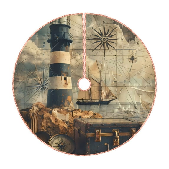 Fotbe Vintage Nautical Lighthouse Pattern Christmas Tree Skirt, Tree Skirts Plush Christmas Decorations, Christmas Tree Skirts Xmas Decorations Holiday Party Decor-48"