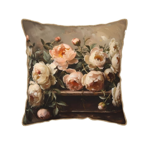 Fotbe Vintage Peonies Rustic Charm Pattern Velvet Decorative Throw Pillow Covers with Elegant Piping, Soft Plush Cushion Cover for Sofa, Bed, Car, Office-16"x16"