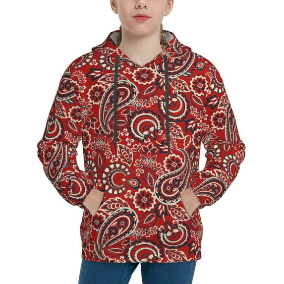 Fotbe Vintage Red Paisley Pattern Youth Pullover Hooded Sweatshirt, Boys Hoodie, Kangaroo Pocket Hoodie for Kids Girls -Small