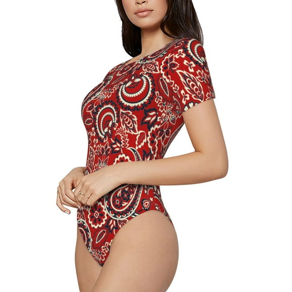 Fotbe Vintage Red Paisley Women's Crew Neck Short Sleeves Bodysuit Tops Round Neck Slim Sleeveless Soft Comfortable Basic-Medium