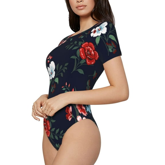 Fotbe Vintage Rose Women's Crew Neck Short Sleeves Bodysuit Tops Round Neck Slim Sleeveless Soft Comfortable Basic-Large