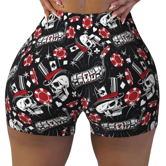 Fotbe Vintage Skull Casino Seamless Shorts, Womens Workout Shorts High Waist Stretch Booty Short for Gym/Yoga/Running/Biking-