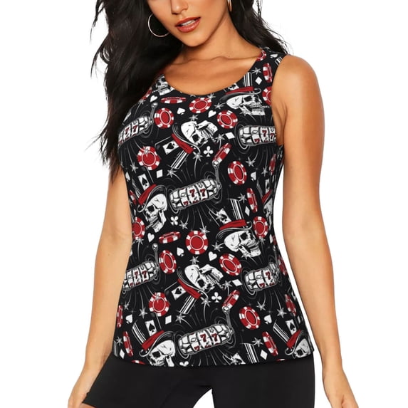 Fotbe Vintage Skull Casino Womens Loose Fit Casual Flowy Slim-Fit Tank Tops Athletic Round Neck Trendy Sleeveless Summer Tops for Gym and Yoga-X-Large