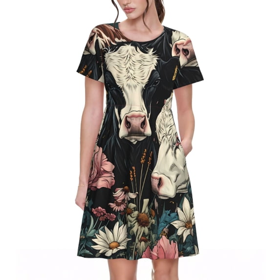 Fotbe Vintage Sunflower Cow Pattern Dress Casual Womens Fashion Short Sleeve Maxi Dress T Shirt Dress Striped Long Color Block Maxi Dress