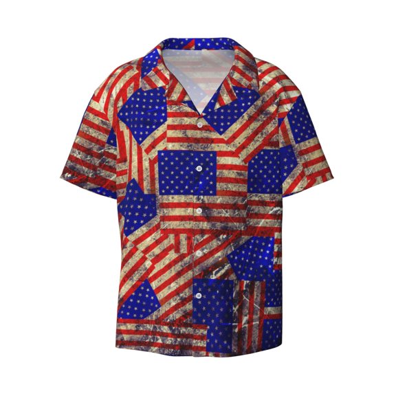 Fotbe Vintage USA Flag print Short Sleeve Button Down Shirts for Men Casual Summer Beach Wrinkle Free Shirt-Small