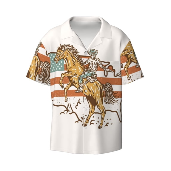 Fotbe Vintage Wild West Cowboy print Short Sleeve Button Down Shirts for Men Casual Summer Beach Wrinkle Free Shirt-X-Large