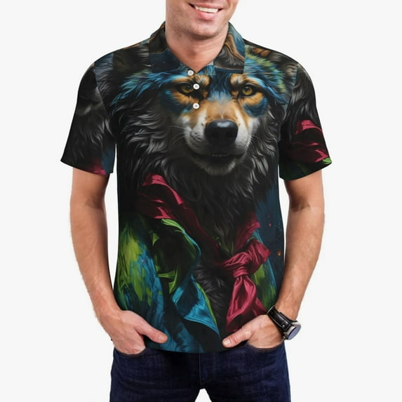 Fotbe Vintage Wolf Warrior Pattern Men’s Golf Polo Shirt – Breathable Performance Golf Shirt with Button-Down Collar-4X-Large