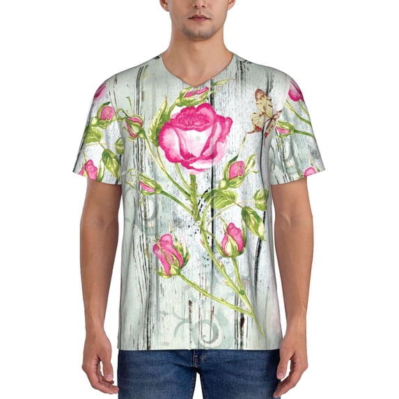 Fotbe Vintage Wood Background with Floral Baseball Jersey Shirt for Men and Women, Casual Short Sleeves Button Down T-Shirt-Medium