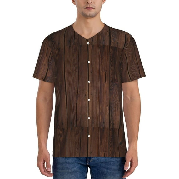 Fotbe Vintage Wood Baseball Jersey Shirt for Men and Women, Casual Short Sleeves Button Down T-Shirt-3X-Large
