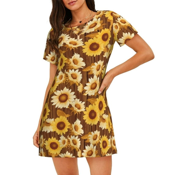 Fotbe Vintage Wood Grain Sunflower B Pattern Women's Cotton Nightgown Sleepwear Short Sleeves Shirt Casual Print Sleepdress