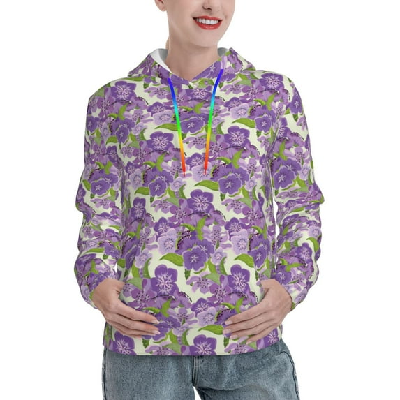 Fotbe Violets Flowers Pattern Womens Long Sleeve Hoodie, Pullover Hooded Sweatshirt, Kangaroo Pocket Hoodie with Eye-catching Drawstrings-X-Large