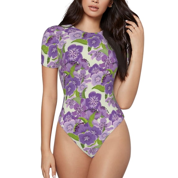 Fotbe Violets Flowers Women's Crew Neck Short Sleeves Bodysuit Tops Round Neck Slim Sleeveless Soft Comfortable Basic-XX-Large