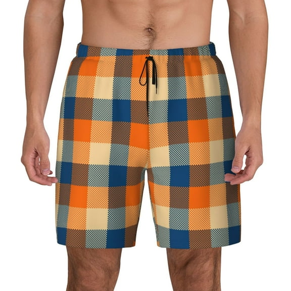 Fotbe Warm Orange Plaid Men’s Swim Trunks Quick Dry Swim Shorts Board Shorts with Mesh Lining-Small