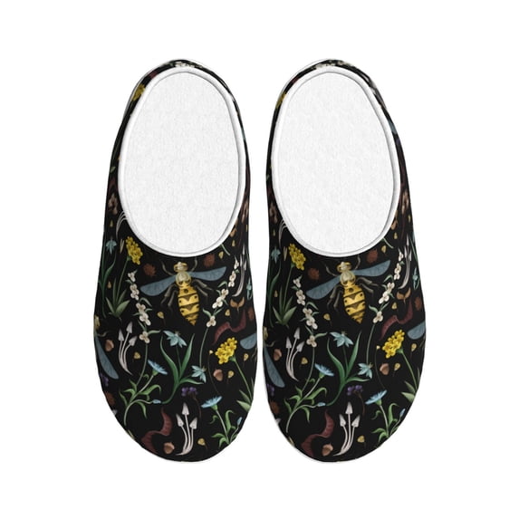 Fotbe Wasp and Florals Pattern Women's Fuzzy Curly Fur Memory Foam Loafer Slippers Indoor Outdoor Slippers Winter Home Shoes-44/45