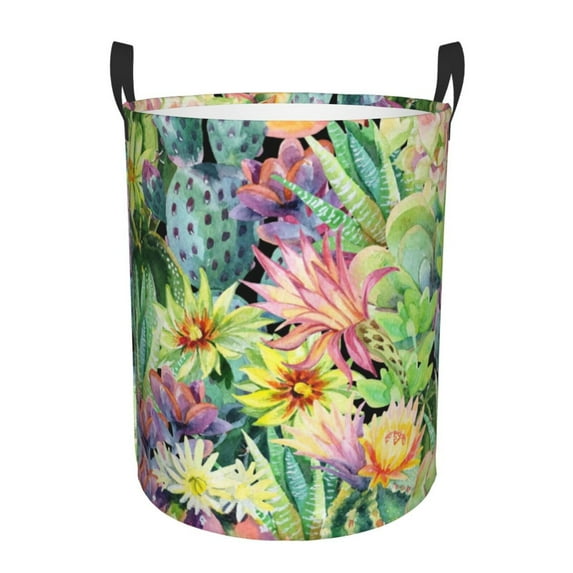 Fotbe Watercolor Blooming Cactus Laundry Basket with Handles, Waterproof Large Laundry Hamper, Wash Bag for Corner Dorm, Rolling Laundry Basket with Handles-Medium