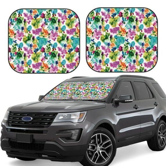Fotbe Watercolor Flowers 2-Piece Car Windshield Sun Shade | Sun Blocker for Car Windshield | Foldable Automotive Interior Accessories for Sun Protection-Large
