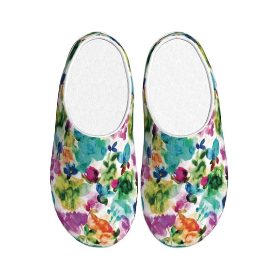 Fotbe Watercolor Flowers Pattern Women's Fuzzy Curly Fur Memory Foam Loafer Slippers Indoor Outdoor Slippers Winter Home Shoes-37/38
