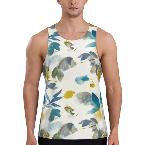 Fotbe Watercolor Leaves Pattern Men's Quick Dry Workout Tank Top Gym Muscle Tee Fitness Bodybuilding Sleeveless T Shirt Breathable Workout Shirt-XX-Large
