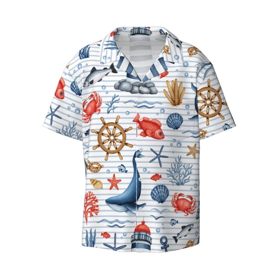 Fotbe Watercolor Nautical print Short Sleeve Button Down Shirts for Men Casual Summer Beach Wrinkle Free Shirt-Large