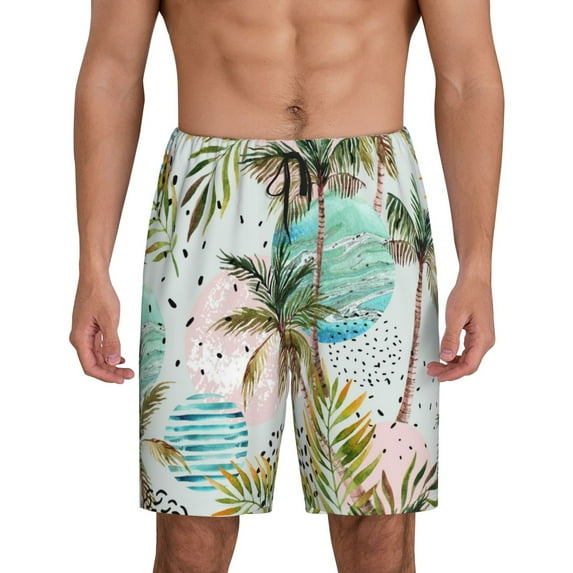 Fotbe Watercolor Palm Tree Pajama Shorts for Men, Men's Pajama Bottoms, Sleepwear,Short Pajama Pants-Large