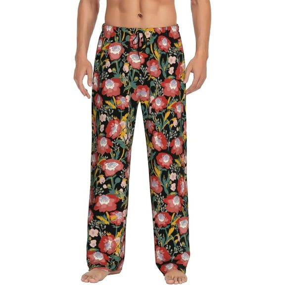 Fotbe Watercolor Red Wildflowers Men's Pajama Pants,Sleepwear Pants,Pj Bottoms Drawstring And Pockets-Small