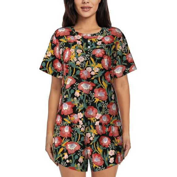 Fotbe Watercolor Red Wildflowers Print Pajama Set for Women 2 Piece Loungewear Short Sleeve Tops and Shorts Set Soft Sleepwear-Medium