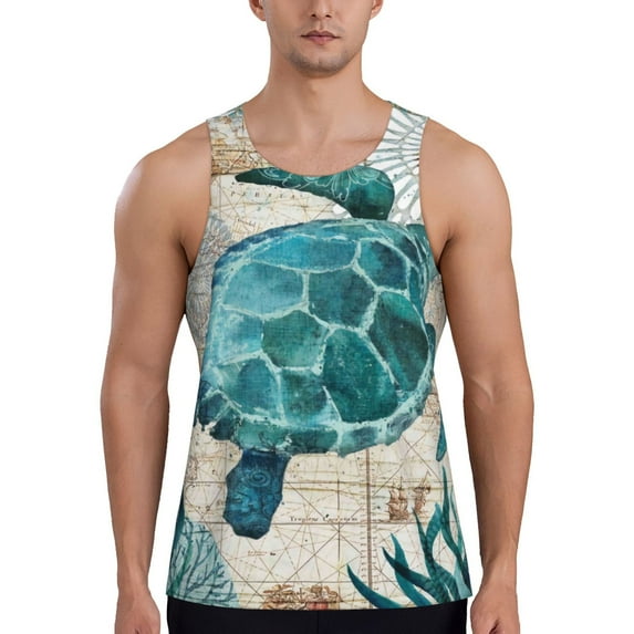 Fotbe Watercolor Sea Turtle Pattern Men's Quick Dry Workout Tank Top Gym Muscle Tee Fitness Bodybuilding Sleeveless T Shirt Breathable Workout Shirt-4X-Large