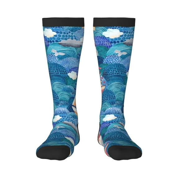 Fotbe Watercolor Ships print Women's Men's Novelty Crew Socks Cotton Socks Knee High Socks for Walking,Running,Nurses,Pregnancy
