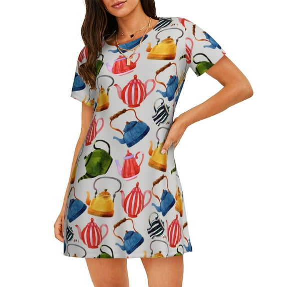 Fotbe Watercolor Teapots Pattern Women's Cotton Nightgown Sleepwear Short Sleeves Shirt Casual Print Sleepdress