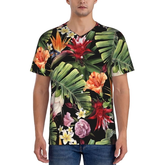 Fotbe Watercolor Tropical Flowers Baseball Jersey Shirt for Men and Women, Casual Short Sleeves Button Down T-Shirt-