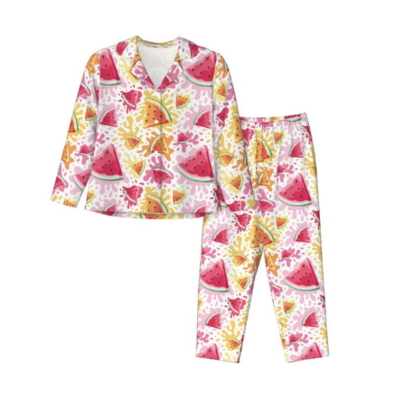Fotbe Watermelon Pattern Long Sleeve Pajama Set for Women,Sleepwear Set,2-piece Loungewear Set,Soft PJs Comfy Nightwear with Pockets -Large