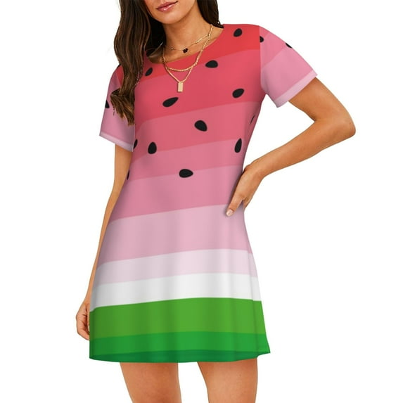 Fotbe Watermelon Pattern Women's Cotton Nightgown Sleepwear Short Sleeves Shirt Casual Print Sleepdress