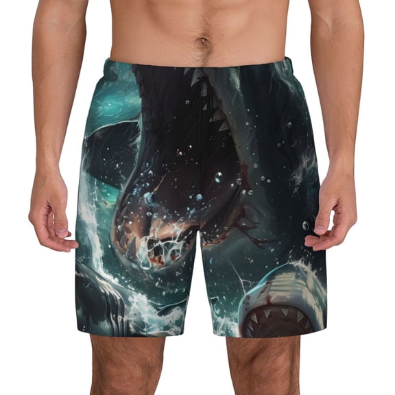 Fotbe Wave Ocean Animal Shark Men’s Swim Trunks Quick Dry Swim Shorts Board Shorts with Mesh Lining-Small