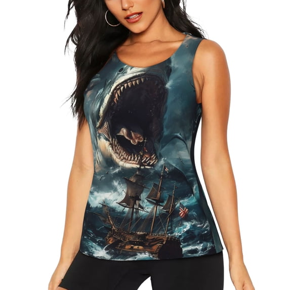 Fotbe Wave Sailboat Shark Womens Loose Fit Casual Flowy Slim-Fit Tank Tops Athletic Round Neck Trendy Sleeveless Summer Tops for Gym and Yoga-XX-Large