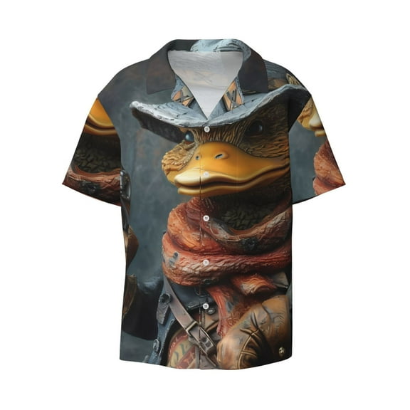 Fotbe Western Cowboy Duck print Short Sleeve Button Down Shirts for Men Casual Summer Beach Wrinkle Free Shirt-Small