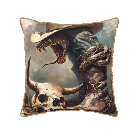 Fotbe Western Cowboy Snake Ram Skull Pattern Velvet Decorative Throw Pillow Covers with Elegant Piping, Soft Plush Cushion Cover for Sofa, Bed, Car, Office-18"x18"