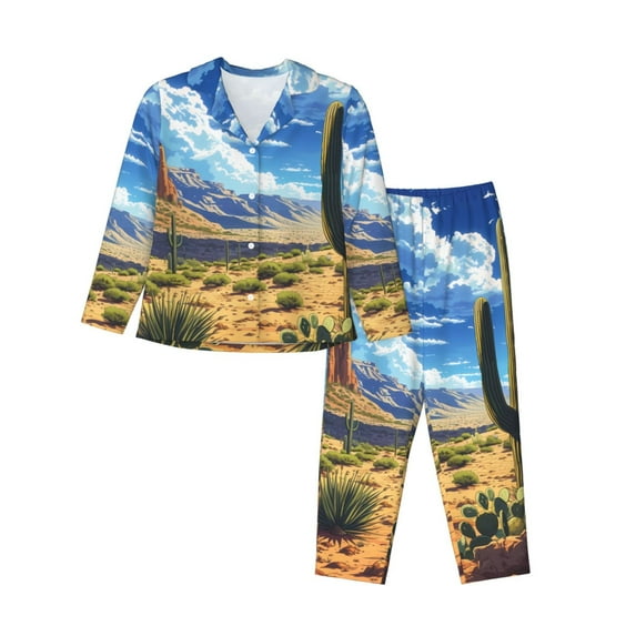 Fotbe Western Desert Cactus Pattern Long Sleeve Pajama Set for Women,Sleepwear Set,2-piece Loungewear Set,Soft PJs Comfy Nightwear with Pockets -Small